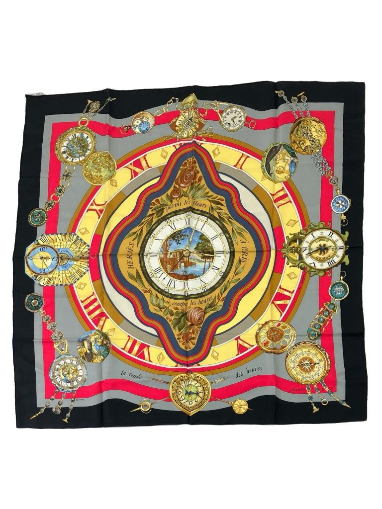 Hermes Carre 90 La Ronde Des Heures Tokinoronbu Black Gray Scarf